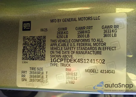 2025 Chevrolet Colorado 4Wd Z71 z USA, uszkodzony, nr VIN 1GCPTDEK4S1241502